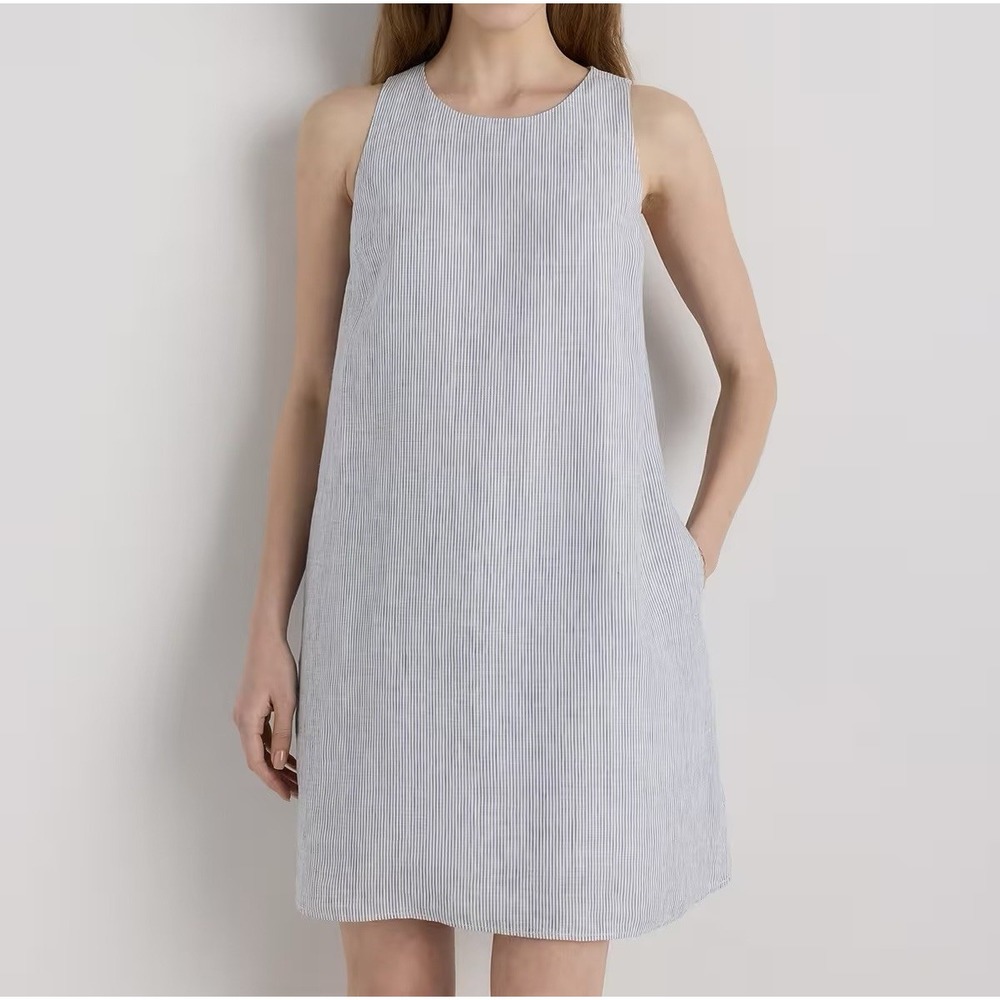 Quince 100% European Linen Tank Mini Dress Women's M Blue White Seersucker